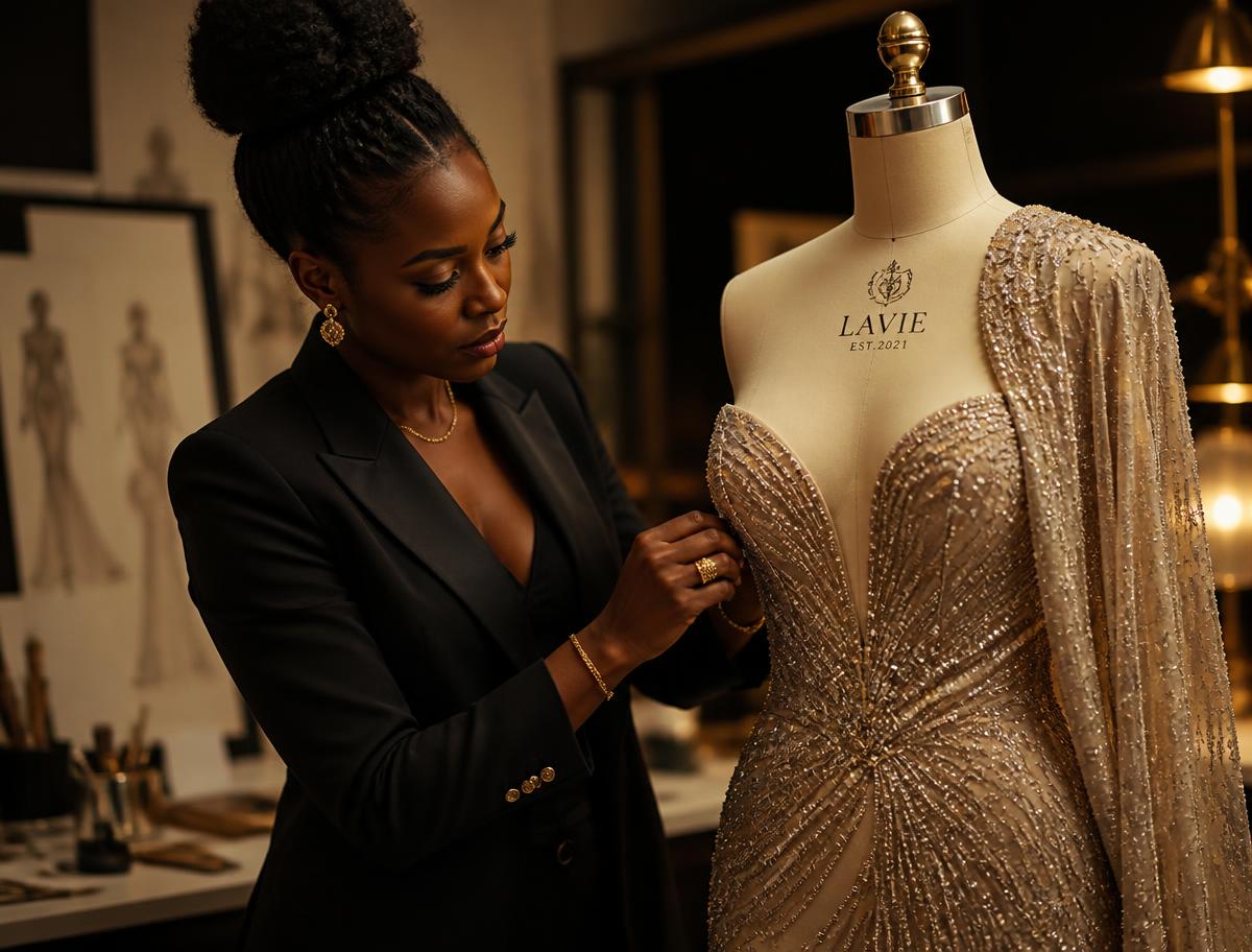 Designer fitting a beaded couture gown in the Ibitoye Olamide Fashionhome studio